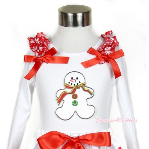Xmas White Long Sleeves Top with Christmas Gingerbread Snowman Print With Red Snowflakes Ruffles & Red Bow TW368 